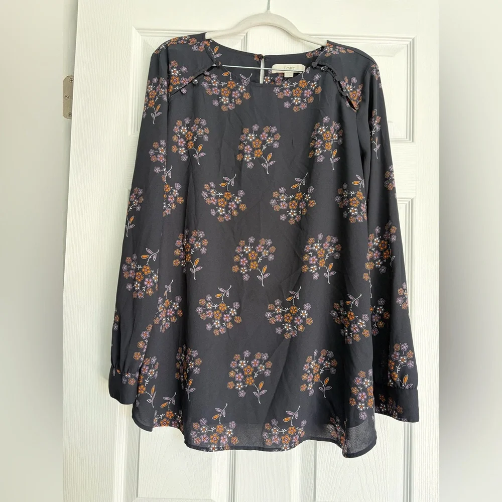 LOFT Navy Floral Blouse with Orange and Purple Accents - Picture 1 of 4
